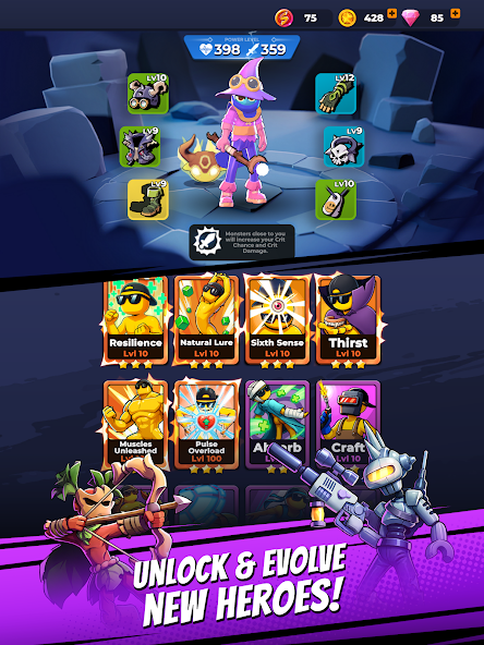 Monster Survivors App hero screen showing equipped gear and hero cards
