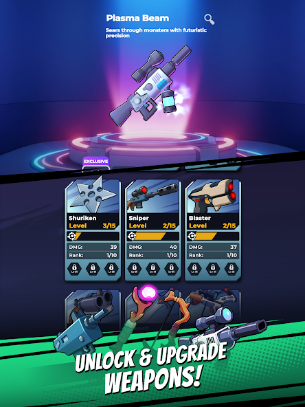 Monster Survivors App weapon screen showing Plasma Beam and persistent weapon cards